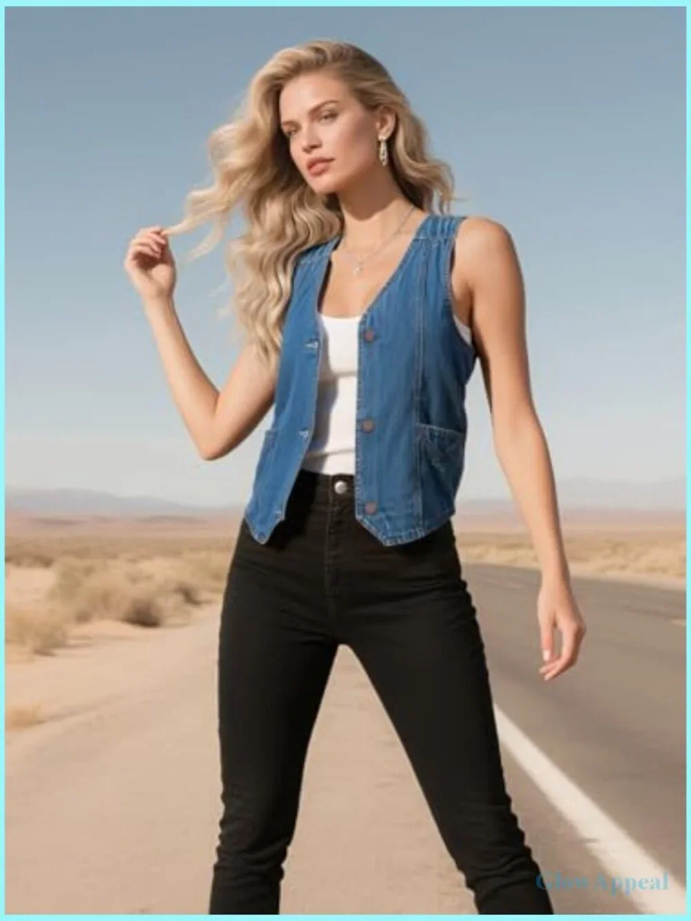 Denim Sleeveless Casual Vest, V Neck Button Front with Pockets